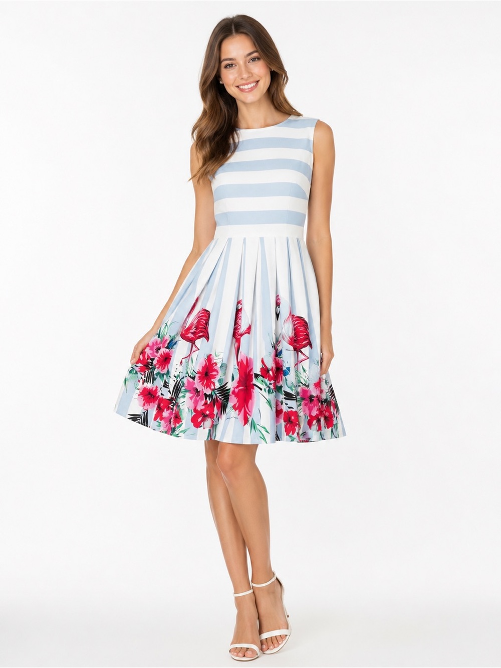 🦩Grace Karin Striped Fit & Flare Dress with Pink Flamingo Floral Hem Size Medium